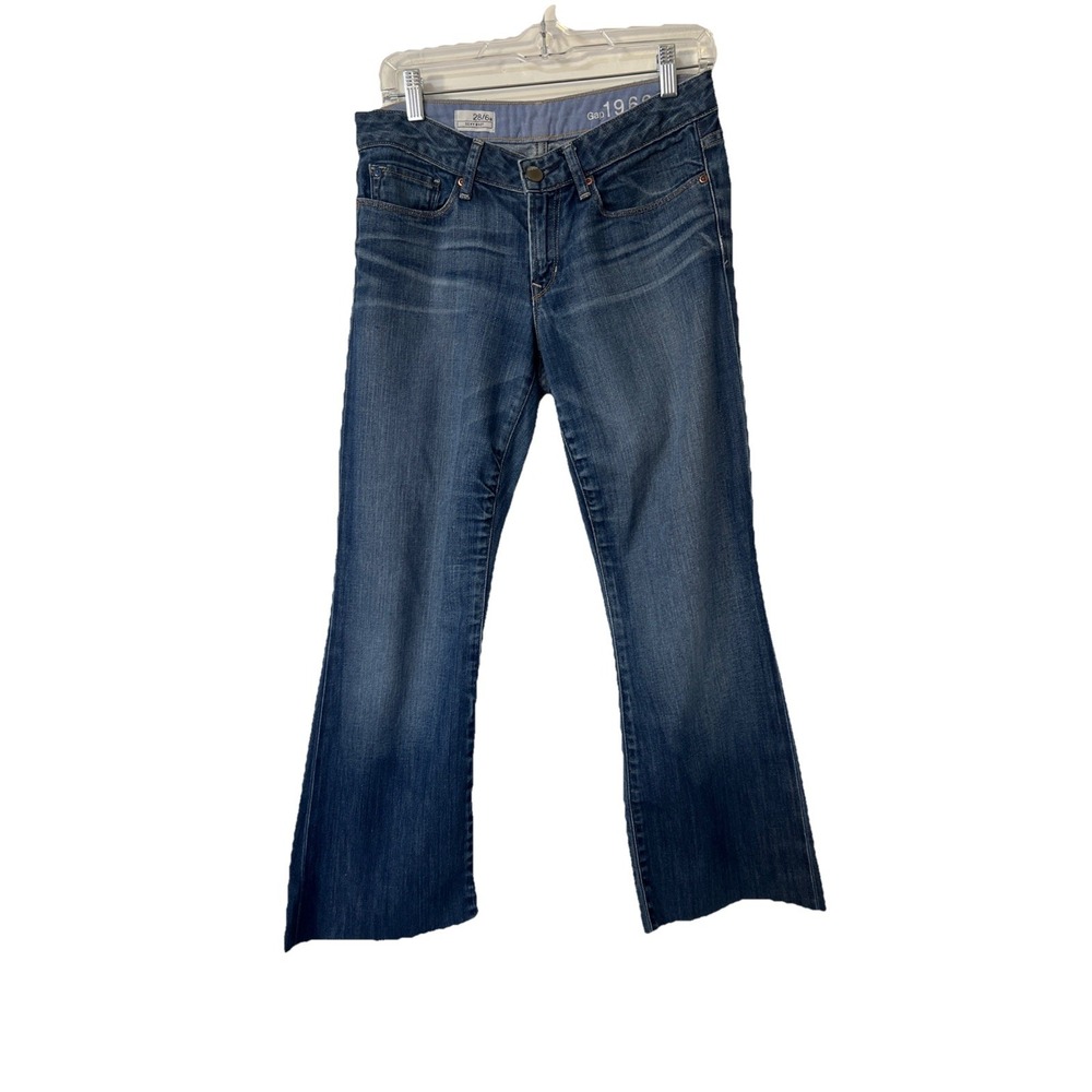 Gap 1969 Low Rise Sexy Boot Cut Jeans Size 28/6A Dark Wash Blue‎ Cut Off Raw Hem